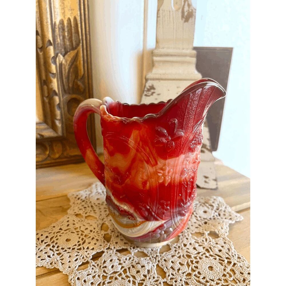 Vintage Imperial Ruby Slag Windmill Pitcher, Red White Marbled Pressed Glass